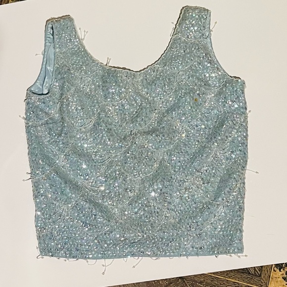 NEW blue sequins sparkly beaded zip up sleeveless dressy top fringe bead Vintage